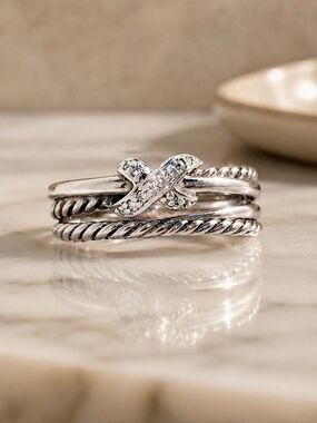 Authentic David Yurman X Collection Diamond Ring Sterling Silver Size 6